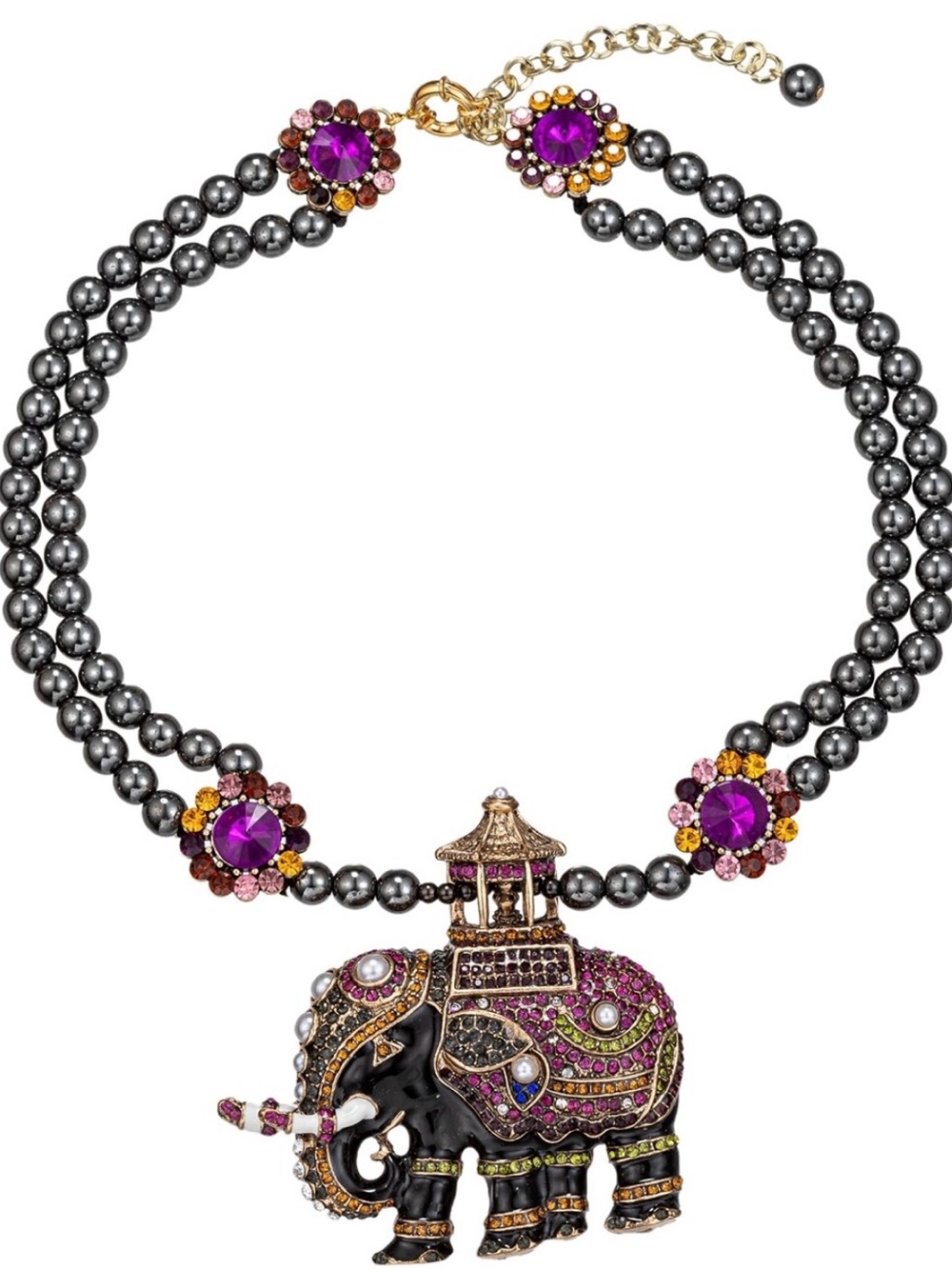 EYECANDY LOS ANGELESBlack Beaded Elephant Pendant Necklace with Purple Accents